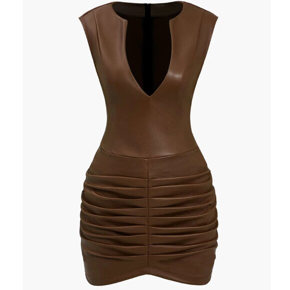 Micas Dresses & Skirts - Micas Ruched Faux Leather V-Neck Bodycon Mini Dress Brown Size M